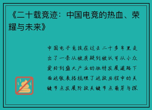 《二十载竞迹：中国电竞的热血、荣耀与未来》